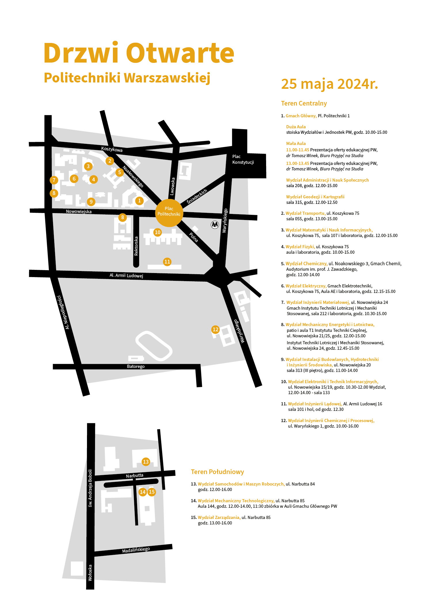 Na grafice mapa kampusów PW z zaznaczonymi miejscami, gdzie odbywają się wydarzenia Drzwi Otwartych PW
