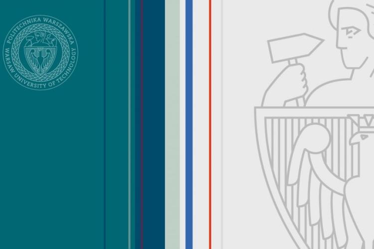 Grafika przedstawiająca logo uczelni i jego fragment na tle nowej palety kolorystycznej