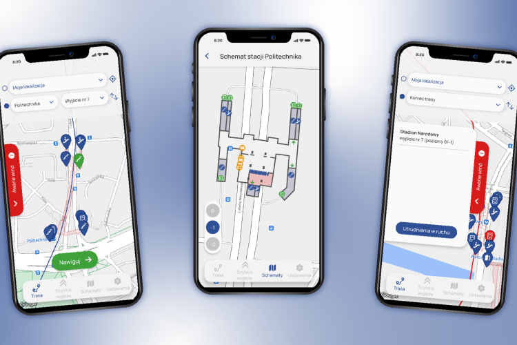 Grafika przedstawiająca trzy smartfony z uruchomioną aplikacją Gdzie To Metro
