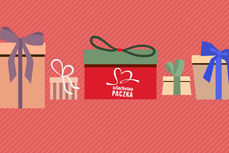 Na grafice pudełka z prezentami, na jednej z nich napis: Szlachetna Paczka