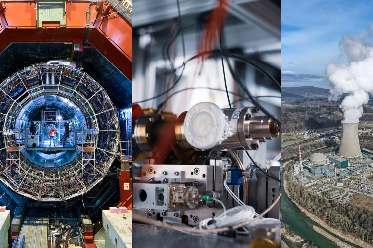 Kolaż zdjęć: detektor ALICE, infrastruktura kwantowa, elektrownia 