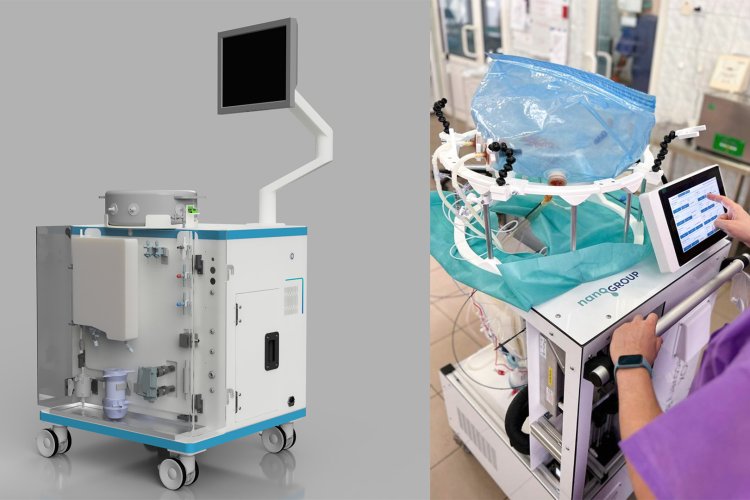 Kolaż zdjęć NanOX Recovery Box: z lewej strony render, z prawej urządzenie podczas pracy