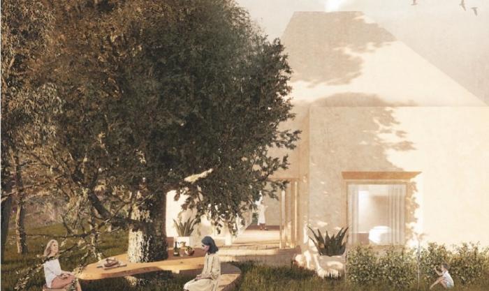 Wizualizacja projektu przedstawiająca dom i ogród, w którym siedzą ludzie