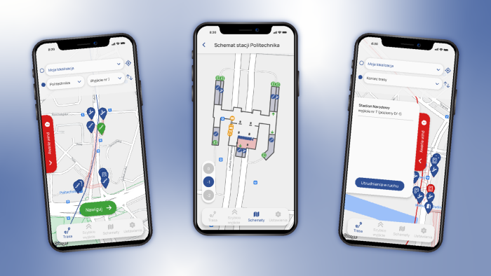 Grafika przedstawiająca trzy smartfony z uruchomioną aplikacją Gdzie To Metro