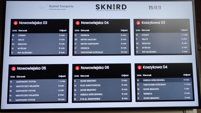 Ekran na Wydziale Transportu PW z rozkładem jazdy tramwajów 