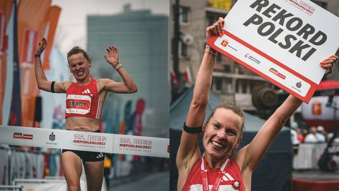 Na zdjęciu Elżbieta Glinka wbiegająca na metę 35. Biegu Niepodległości w Warszawie oraz trzymająca tablicę z napisem "Rekord Polski"