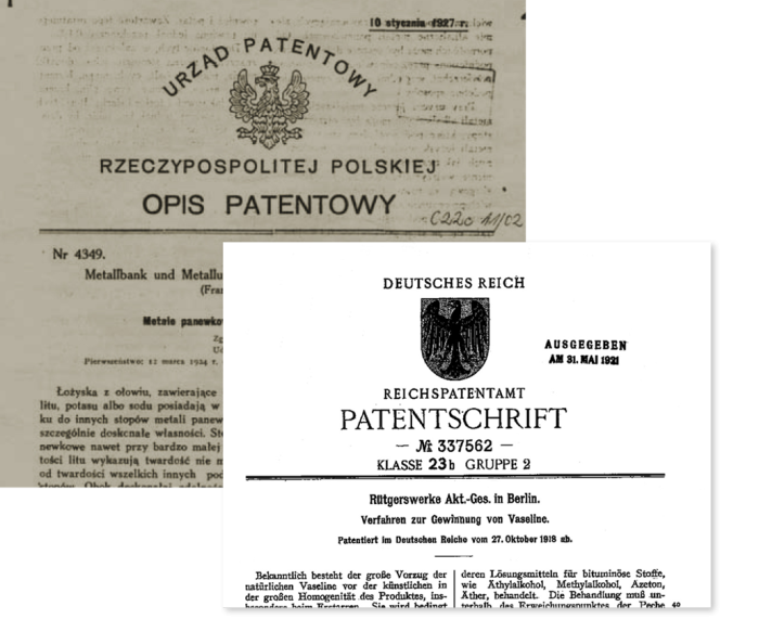 Na zdjęciu patenty: polski na „metal B” oraz niemiecki na sztuczną wazelinę