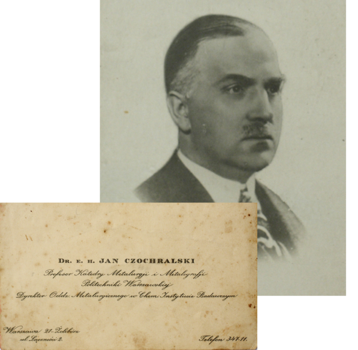 Kolaż zdjęć: prof. Jana Czochralskiego oraz wizytówki prof. Jana Czochralskiego