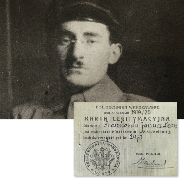 Na zdjęciu Janusz Groszkowski jako student Politechniki Warszawskiej oraz karta legitymacyjna Janusza Groszkowskiego