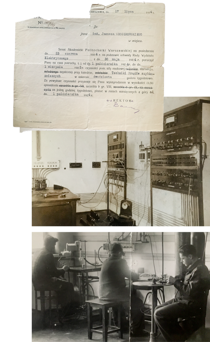 Na zdjęciu dokument potwierdzający angaż w Katedrze Technik Prądów Szybkozmiennych oraz zdjęcia z laboratorium