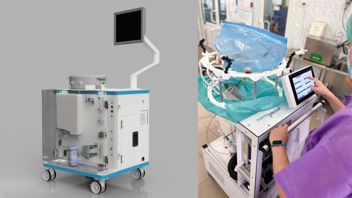 Kolaż zdjęć NanOX Recovery Box: z lewej strony render, z prawej urządzenie podczas pracy