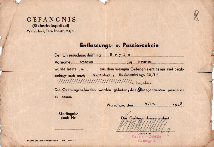 Na zdjęciu dokument napisany po niemiecku wystawiony na nazwisko Stefana Bryły