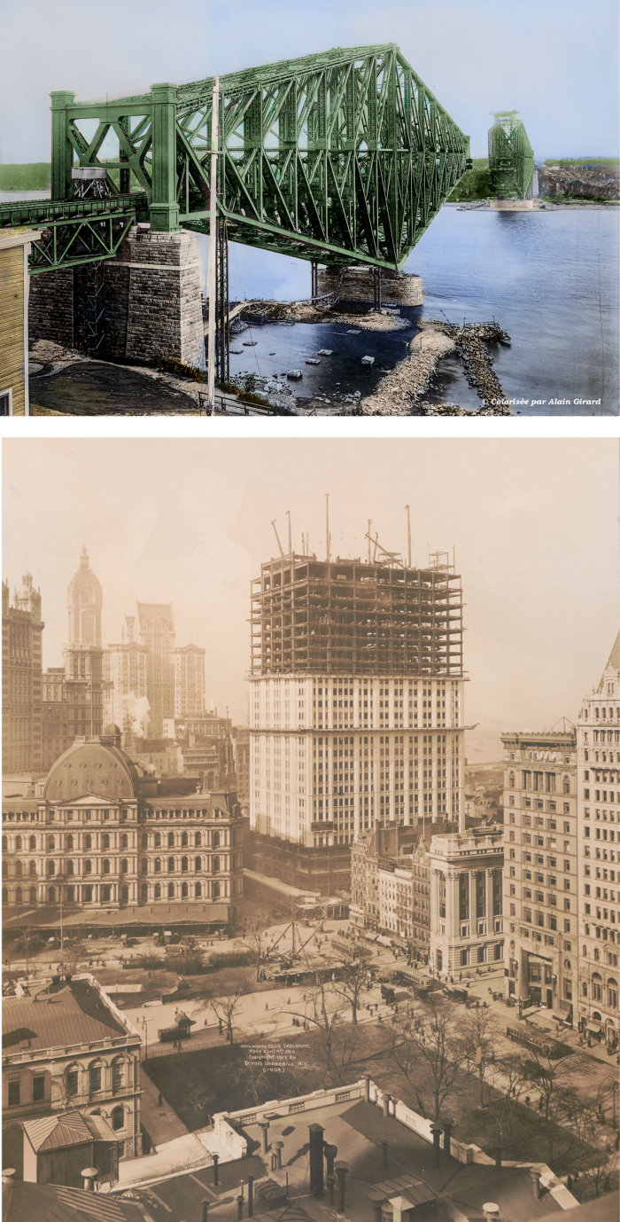 Na zdjęciu Quebec Bridge oraz budowa Woolworth Building