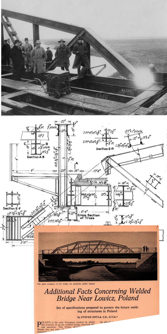 Kolaż materiałów o pierwszym na świecie moście spawanym w Maurzycach