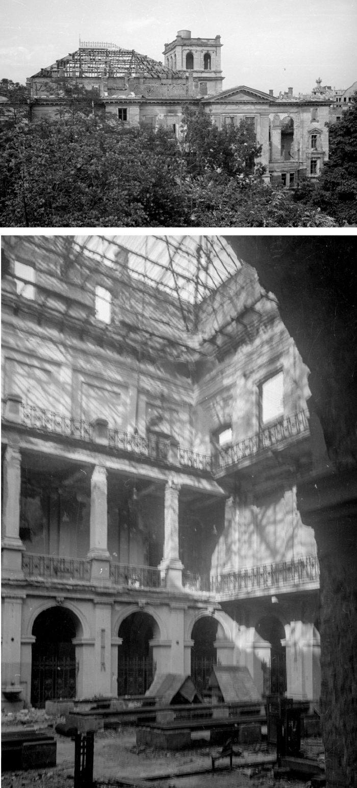 Na zdjęciu zniszczenia na Politechnice Warszawskiej po II wojnie światowej, rok 1946: Gmach Fizyki i Elektrotechniki oraz Aula Fizyki i Elektrotechniki