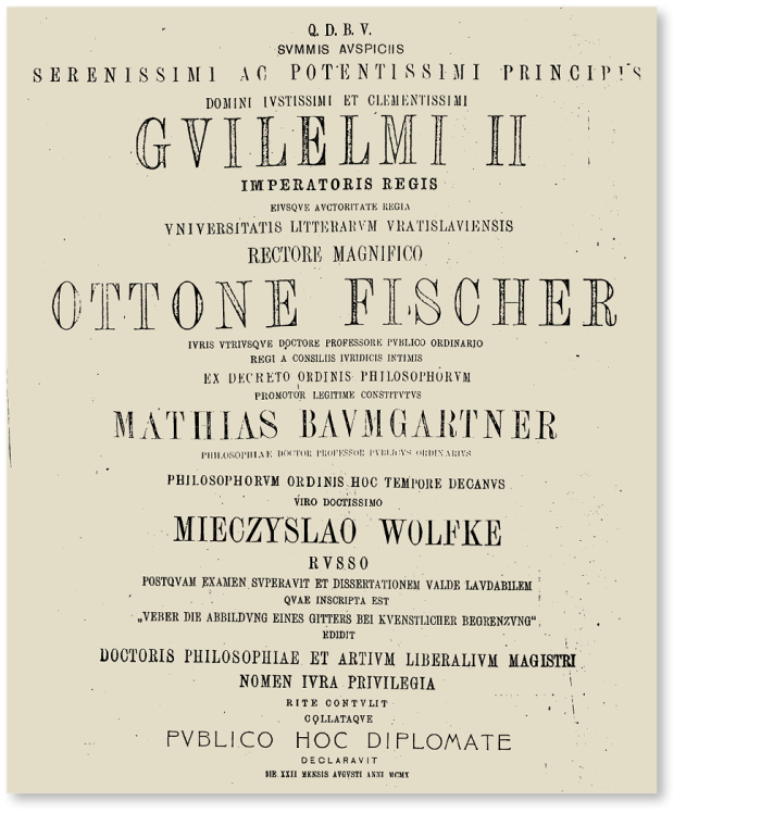 Na zdjęciu dyplom doktorski Mieczysława Wolfkego