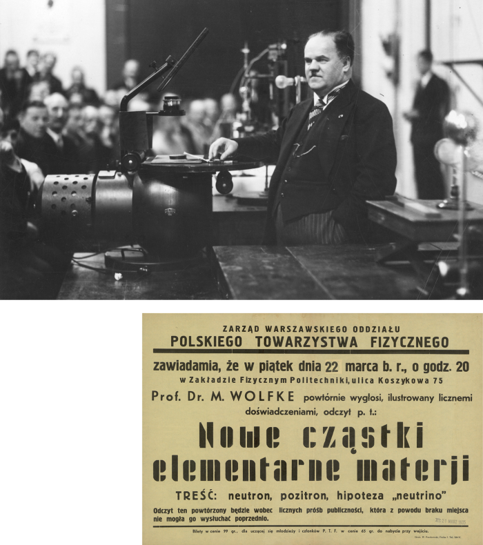 Na zdjęciu Wolfke podczas wykładu w Audytorium Fizyki oraz Afisz wykładu Wolfkego „Nowe cząstki elementarne”