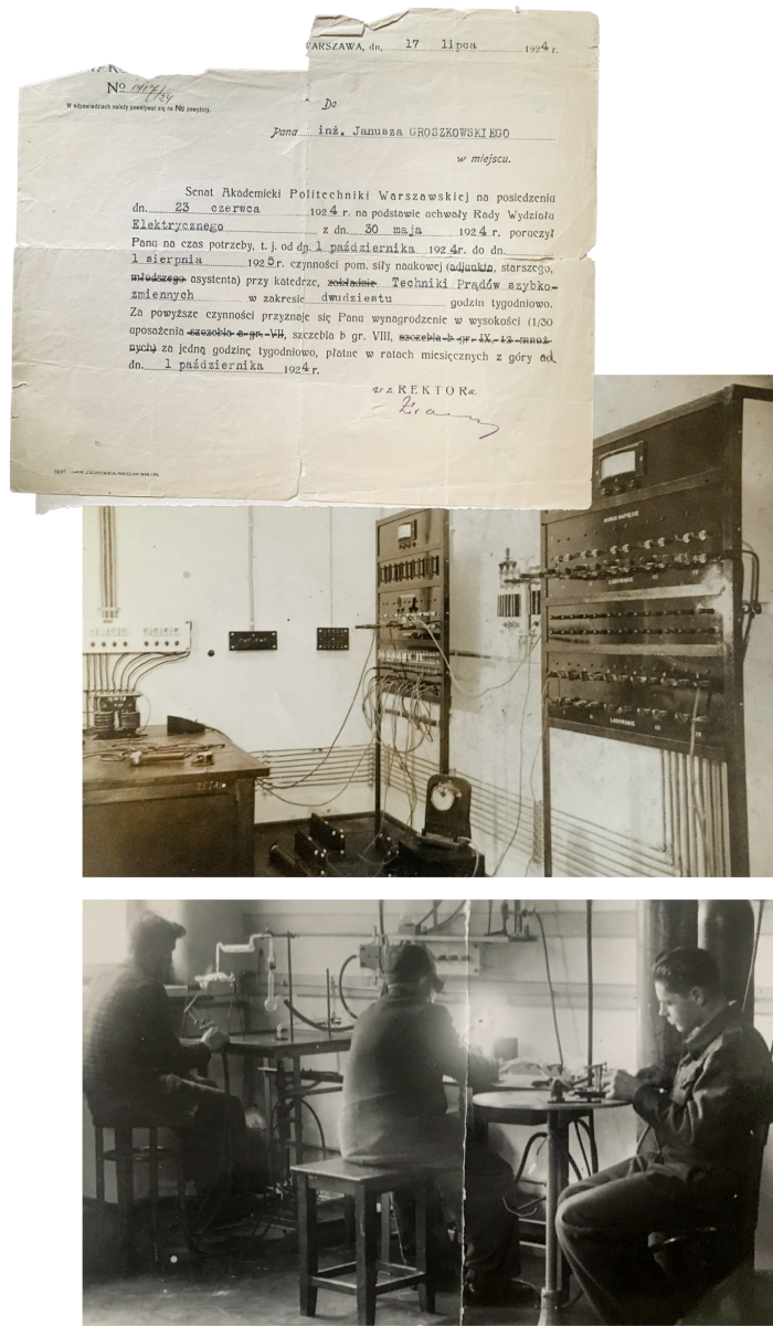 Na zdjęciu dokument potwierdzający angaż w Katedrze Technik Prądów Szybkozmiennych oraz zdjęcia z laboratorium