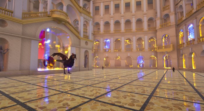 Kadr z gry „The Basilisk: Roguelike Hunt in Warsaw” przedstawiający Bazyliszka w Gmachu Głównym Politechniki Warszawskiej