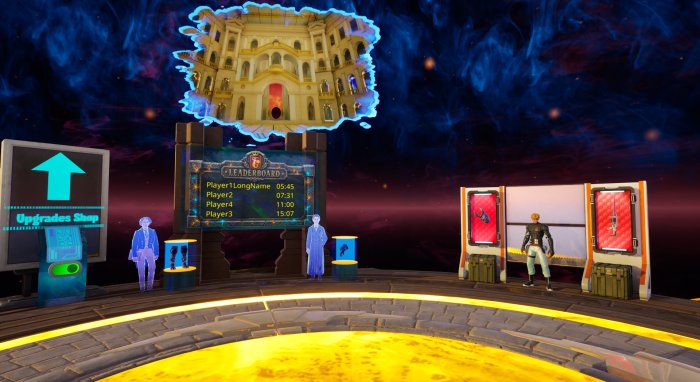 Kadr z gry „The Basilisk: Roguelike Hunt in Warsaw” przedstawiający graczy, tablice z punktami i Gmach Główny Politechniki Warszawskiej