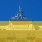 Zdjęcie Gmachu Głównego Politechniki Warszawskiej z filtrem w kolorach flagi Ukrainy