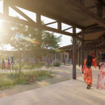 Wizualizacja Centrum Zrównoważonego Rozwoju w obozie dla uchodźców Mayukwayuukwa