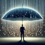 Na grafice człowiek stojący pod parasolem i padający deszcz z kodu binarnego