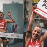 Na zdjęciu Elżbieta Glinka wbiegająca na metę 35. Biegu Niepodległości w Warszawie oraz trzymająca tablicę z napisem "Rekord Polski"